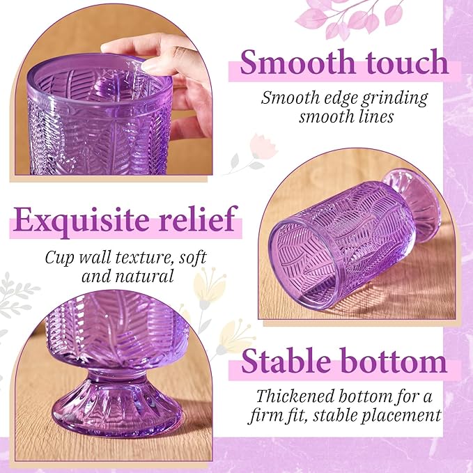 6 Pcs (H:7" W:4") Embossed Flower Vase Fall Pedestal Glass Vase Big Base Thickened Crystal Vintage Vases for Autumn Wedding Home Decor Table Centerpiece House Warming Gifts(Purple)