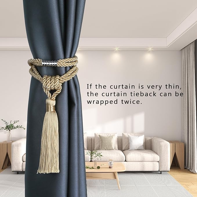 Fenghuangwu Magnetic Curtain Tiebacks Tassel Tie-Backs, Rope Curtain tie Backs Handmade Curtain Holdbacks Made from Polyester (Gold, 2 Pack)