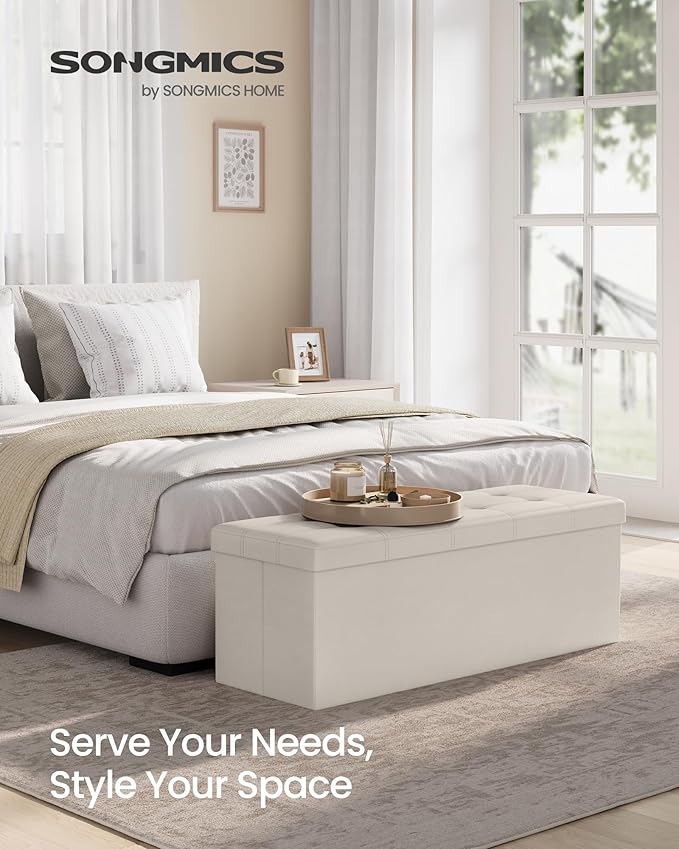 SONGMICS Mazie Collection - 43 Inches Folding Storage Ottoman Bench, Ottoman with Storage, Foot Rest Stool, Load 660 lb, for Living Room, Synthetic Leather, Cream White ULSF70M