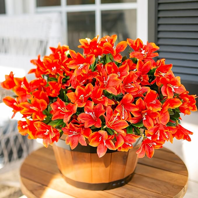 INSPRING Artificial Fall Flowers for Outdoors Decoration, 3 Bundles Fake Silk Azalea Flower Plants Outside UV Resistant Realistic Faux Flowers for Planters Porch Patio Garden Walkways Home, Orange