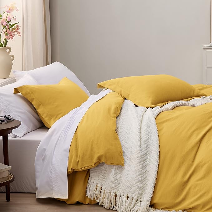 Bedsure Mustard Yellow Duvet Cover Full Size - 3 Pieces Prewashed Extra Soft Cotton-Like Bedding Set, Includes 1 Duvet Cover 80x90 Inches with Zipper Closure & 2 Pillow Shams, Comforter Not Included