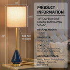 32" Blue Gold Buffet Table Lamps for Living Room Set of 2, Ceramic Buffet Lamps Set of 2 for Console Table, Tall Navy Blue Lamps Set 2, Contemporary Candlestick Lamps for Hallway, Credenza, Bedroom