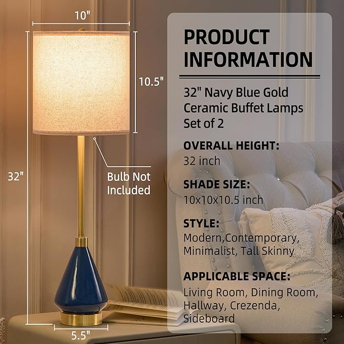 32" Blue Gold Buffet Table Lamps for Living Room Set of 2, Ceramic Buffet Lamps Set of 2 for Console Table, Tall Navy Blue Lamps Set 2, Contemporary Candlestick Lamps for Hallway, Credenza, Bedroom