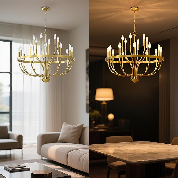 Gold Chandelier 18-Light Candle Chandelier Modern Farmhouse Pendant Lighting Fixture for Dining Room Bedroom Living Room Kitchen Island Foyer Entryway E12 Bulb Vintage Golden Ceiling Light