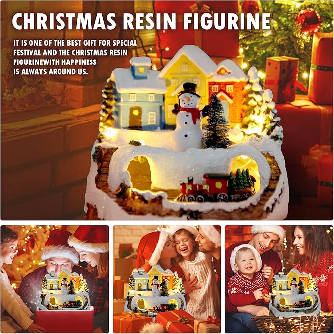 Christmas Decorations Village House Resin Collectible Building Figurines Revolving Train Musical Snow Globe 8 Music for Vintage Christmas Decor (Snow Man)