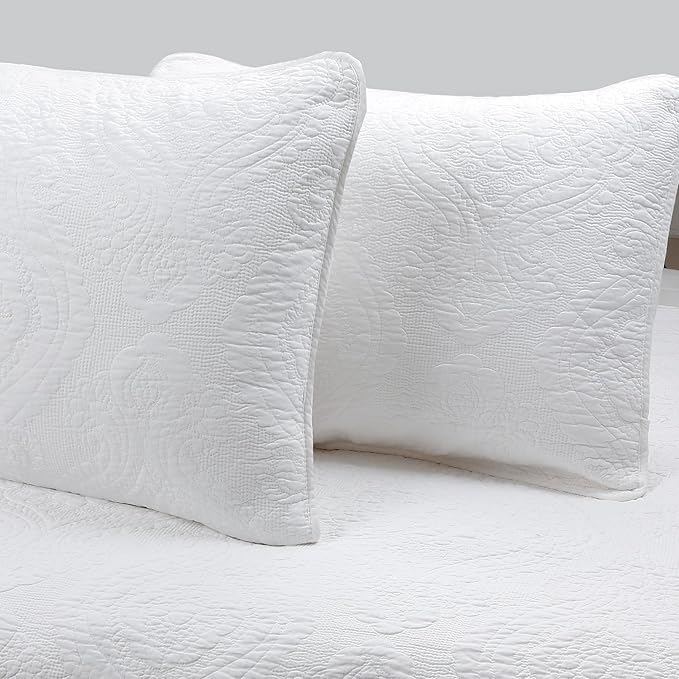 Cozy Line Home Fashions 6 Piece Daybed Cover Set, Solid White Chic Medallion Trendy Damask Quilting All Season Luxury Bedding with Bedskirt, Matching Shams, Decorative Pillow