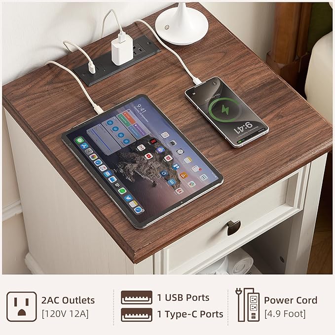 Farmhouse Side Table with Charging Station, Rustic Wood End Table with Drawer, Small Nightstand with Open Shelf for Bedroom, End Tables for Living Room, White