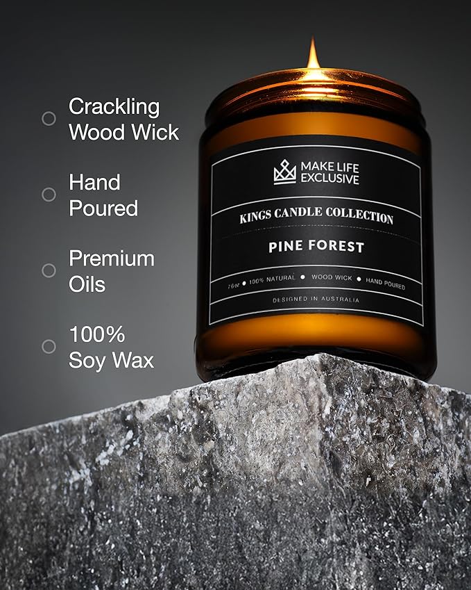 Scented Candles for Men | Pine & Cedar Scented | Wooden Wick, Long Lasting, Masculine Scents | Natural Soy Jar Candle for Home, Bachelor Pad Decor | The Perfect Mens Gift.