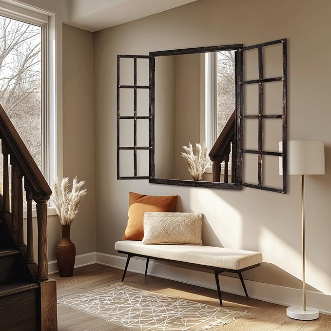 Wall Mirror with Window Design, 36"x24" Rustic Farmhouse Wood Mirror for Wall Decor, Decorative Vintage Mirror for Living Room, Bedroom, Entryway