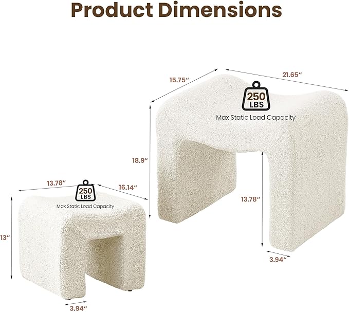 Small Footstool Ottoman Vanity Stool Chair Seating Backless Modern Foot Rest Teddy Velvet Ottoman Set for Makeup Room Living Room Bedroom Entryway,White (2-in-1)