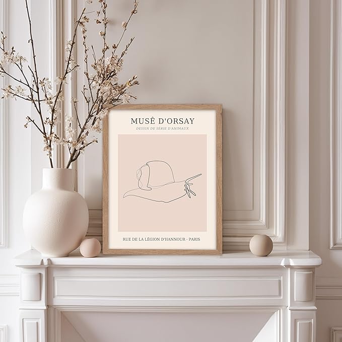 Poster Master Vintage Poster - Retro One Line Snail Drawing Print - Snail Line Art - Minimal Gift for Men, Women, Animal Lover - Abstract Wall Decor for Home, Office, 8x10 Beige Framed