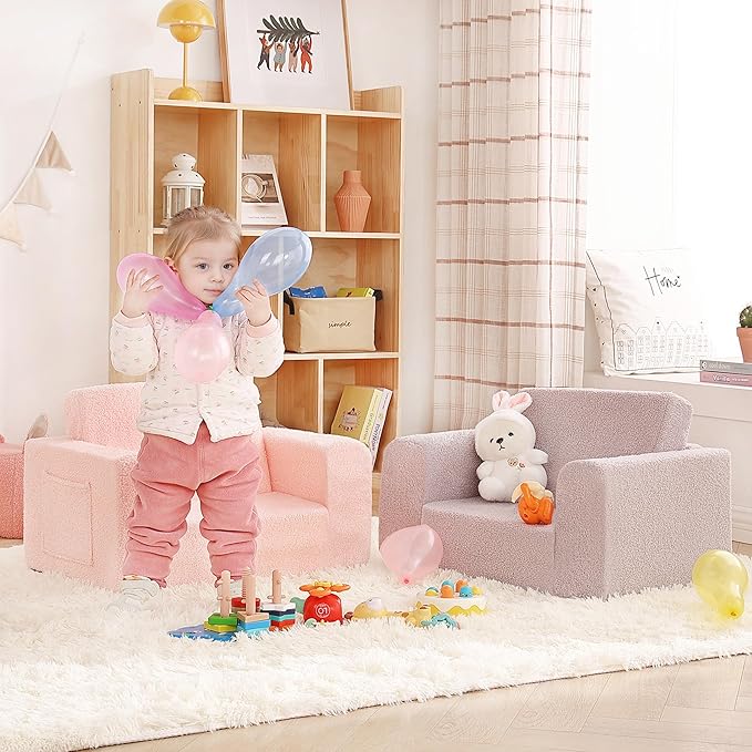 2-in-1 Toddler Chair Sherpa Couch - Soft Kids Lounger for Bedroom, Convertible Sofa for Girls and Boys, Reading Chair, Pink
