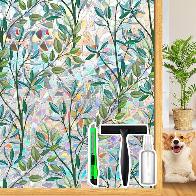 Rainbow Privacy Film with Cutting Line, 3D Decals Stained Glass Window Clings, Static Cling Window Sticker, Suncatcher - 47.24" x 78.74"