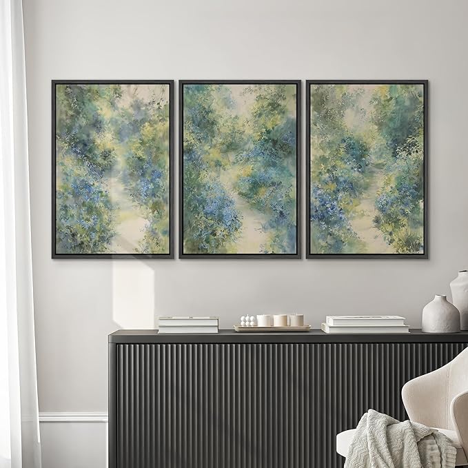 SIGNWIN Framed Canvas Print Wall Art Blue and Green Floral Impressionist Nature Scene Photography Modern Art Minimalist Black and White for Living Room, Bedroom, Office - 16"x24"x3 Black
