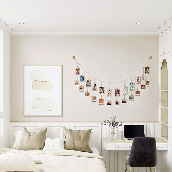 6 Feet Wooden Beads Garland with Clothespins Picture Cards Holder - Country Farmhouse Christmas Nursery Boho Holiday Decorations with Clips