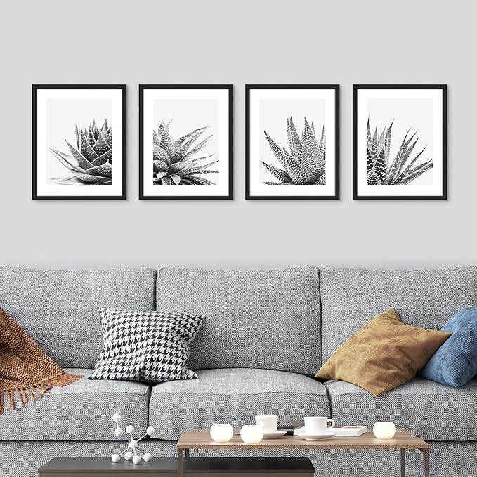 SIGNWIN Framed Black White Snake Plant Agave Cactus Succulent Wall Art, Set of 4 Floral Botanical Wall Decor Prints, Nature Wilderness Wall Décor for Living Room, Bedroom - 12"x16" Black