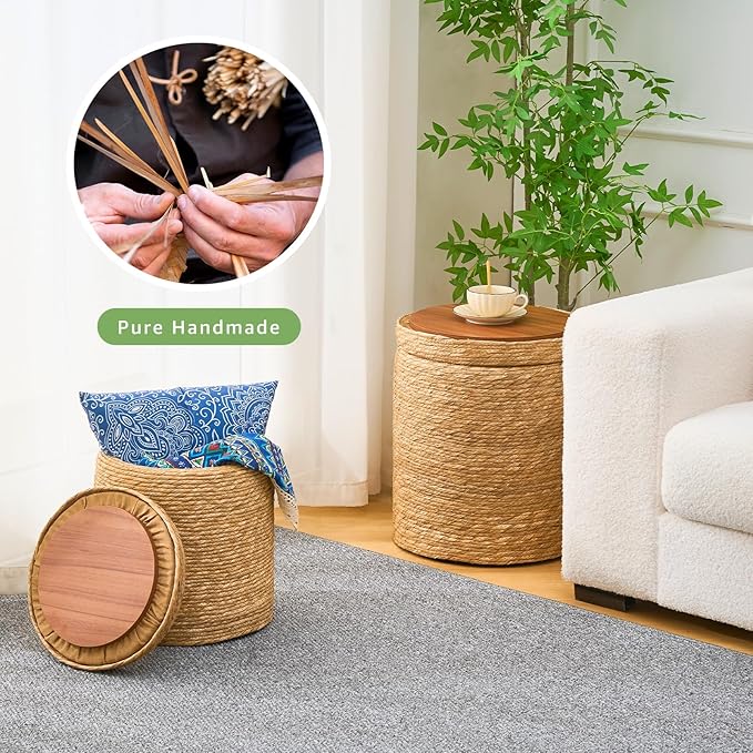 Wimarsbon Round Pouf Ottomans, Handwoven Natural Water Hyacinth Seagrass Pouffe,Outdoor Rattan Stool Accent Seat, Bohemian Coastal Home Decor (Cattail Nested Set-Natural)