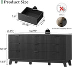 Fluted Dresser with 9 Drawers, 63" Wide Modern Chest of Drawers with Metal Handle, Wooden Dresser TV Stand, Wood Closet Clothes Storage Organizer for Bedroom, Living Room, Hallway, Solid Black