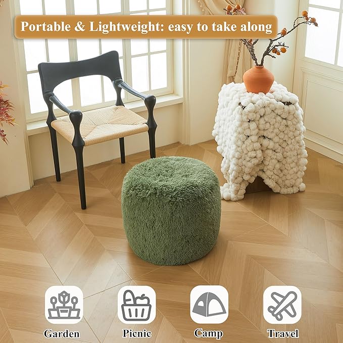 XeGe Fluffy Faux Fur Inflatable Pouf Ottoman, Cozy Portable Shaggy Fuzzy Foot Stool Moss, Plush Furry Foot Rest Floor Pouf, Round Ottoman Cushion for Living Room Bedroom Home Decor, Sage Green