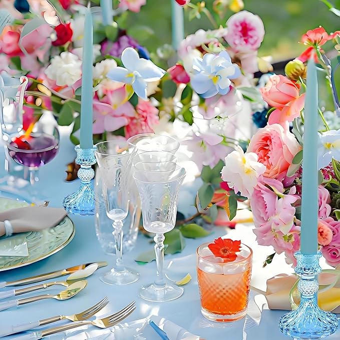 Glass Candlestick Holder,Striped Taper Candle Holders,Set of 6 Candle Stand for Table Centerpieces, Home Decor,Weddings,Festival and Parties (Bule Dimond)