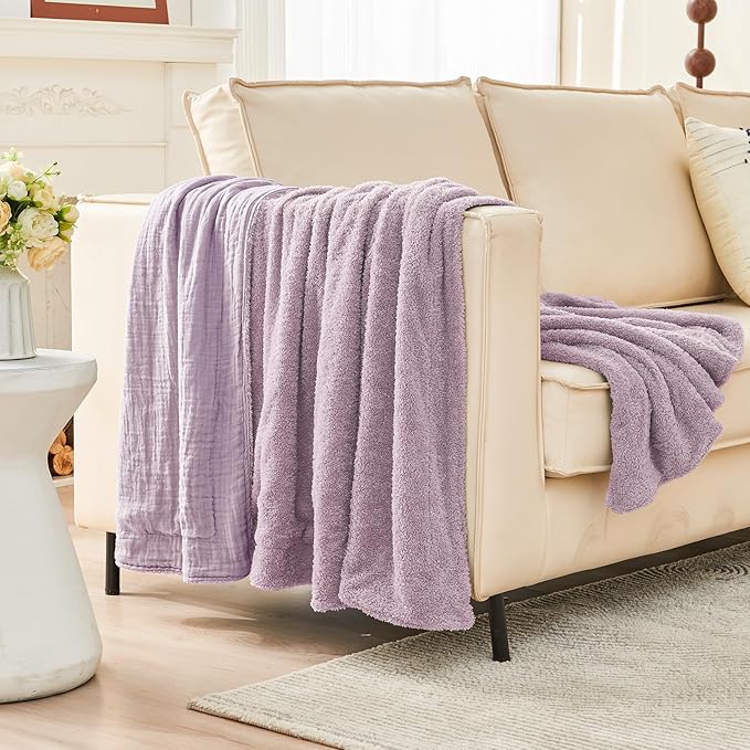 EMME Muslin and Fleece Throw Blanket Reversible - 50"*60" Lavender Soft Warm Throw Blankets for Couch Bed Picnic Travel Bed