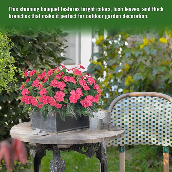 Artificial Impatiens Bouquet Flowers for Outdoors Silk Faux Flowers for Outdoor Impatiens Plants Decor Indoor Planters Kitchen Planters and Balcony Decorations 2PCS（Rose Red）