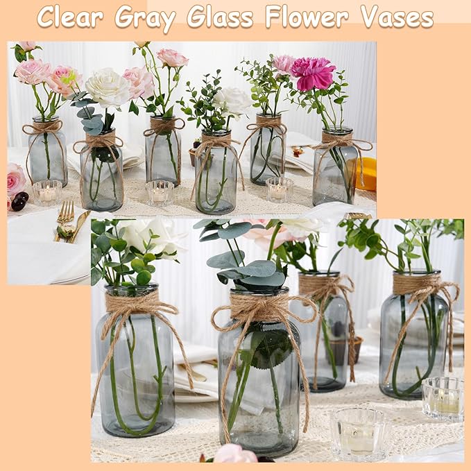Vintage Glass Vases for Flowers, Set of 3 Grey Vases for Farmhouse Wedding Centerpiece Cylinder Bottle for Reception Table Decoration Home Decor Floral Arrangements