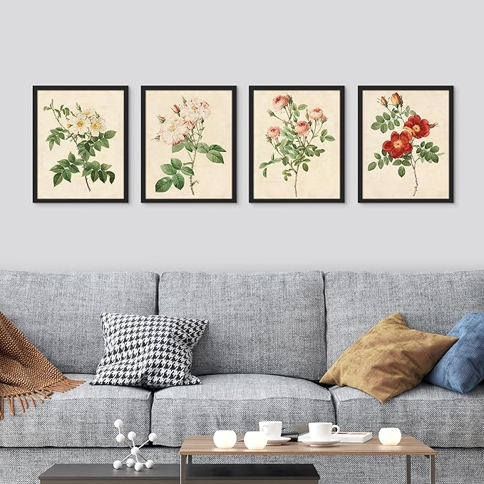 SIGNWIN Framed Vintage Colorful Wildflower Wall Art, Set of 4 Variety Floral Wall Decor Prints, Nature Wilderness Wall D¨¦cor for Living Room, Bedroom - 12"x16" Black