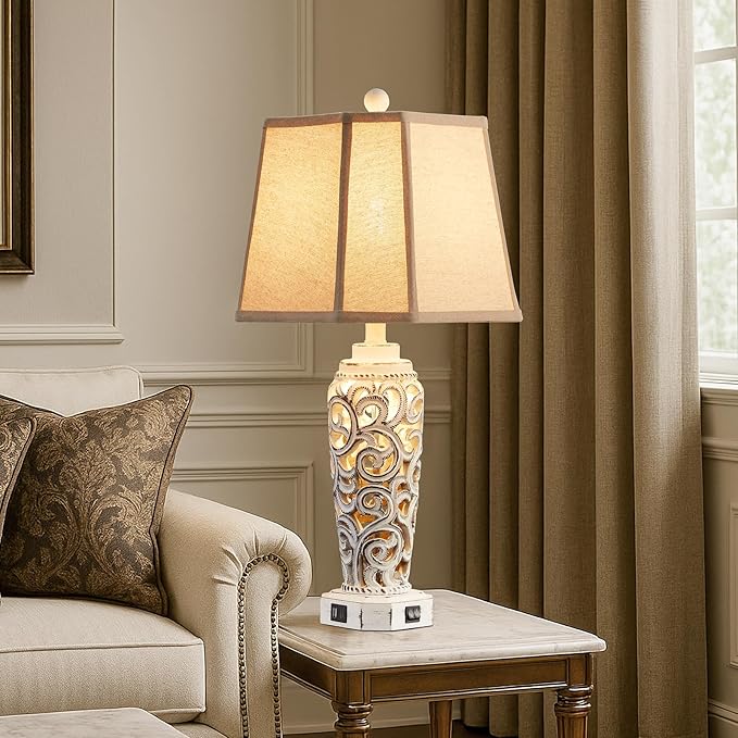 27" Rustic Table Lamps Set of 2 for Living Room with USB A+C Ports, Vintage Nightstand Bedroom Lamp with Hollow Nightlight