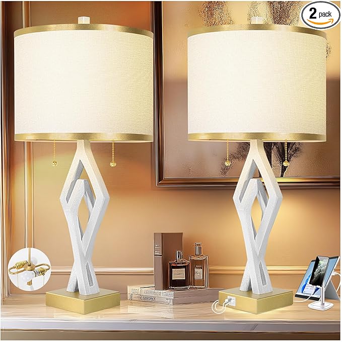 Sculptural Table Lamp Set of 2 for Bedroom, 26” White Modern Bedside Lamps for Living Room, White Linen with Gold Trim Shade, Dual S Nightstand Lamp Metal Base with USB for Home Decor (Bulbs Included)