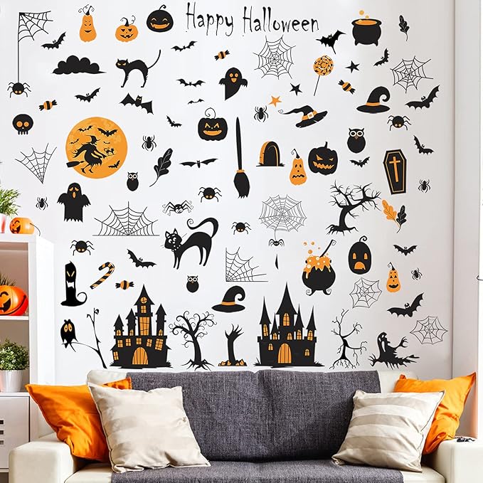 84 PCS Window Clings - Halloween Wall Stickers for Living Room, Pumpkins, Castles, Bats, Cats, Vampire, Witch Stickers, Household Decorative Murals, Party Supplies