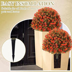 Yunlly Set of 2 Artificial Boxwood Topiary Ball Tree 27" Outdoor Boxwood Balls with Flower Faux Bush UV Resistance Fake Shrub Plant with Spike for Garden Porch Patio Decor(Fall Orange,27x18inch)