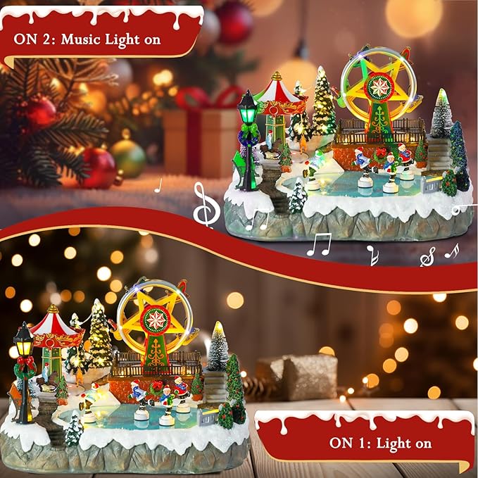 Christmas Village House Musical Christmas Collectible Buildings Amusement Park Carousel Skating Ferris Wheel with LED Lights Vacation Village with USB Indoor Figurines Xmas Decoration
