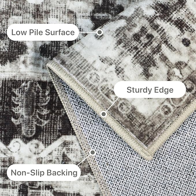 GENIMO Machine Washable 9x12 Area Rugs for Living Room, Non Slip Vintage Rugs, Low Pile Lightweight Chenille Print Rug for Bedroom, Dining Room, Home Office, Deep Gray