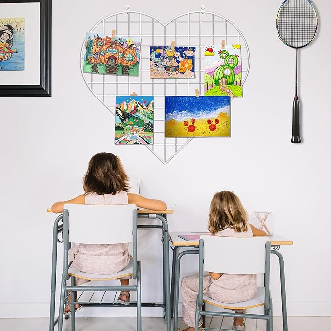 Grid Photo Wall Panels - 22.4"x20.4" Heart Shape Iron Rack Art Wire Board, Wall Grid Organizer, DIY Photo Frame for Home, Office, Kitchen, Bedroom, Christmas Gifts - White