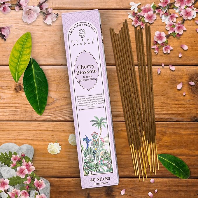Incense Sticks, Cherry Blossom Incense, Made with Natural Ingredients, Hand Rolled Aromatic Masala, 40 Stick Pack, 45-60 Minute Burn Time, Best for Home Fragrance, Meditation, Yoga, Spiritual Healing