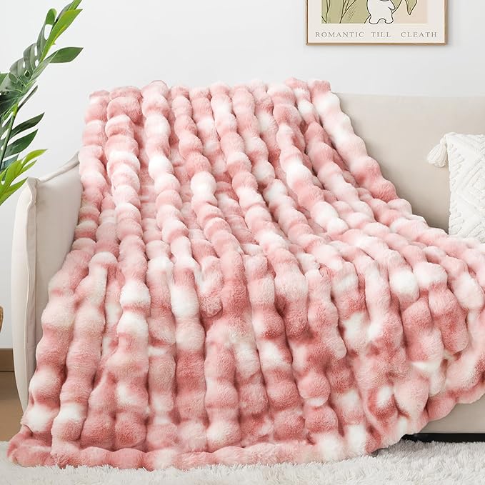 Luxury 1000GSM Faux Rabbit Fur Throw Blanket for Woman, Super Heavy Warm Cozy Blankets for Her for Couch Bed Sofa, Bubble Plush Fuzzy Elegant Soft Reversible Mink Blanket for Living Room Bedroom, Pink