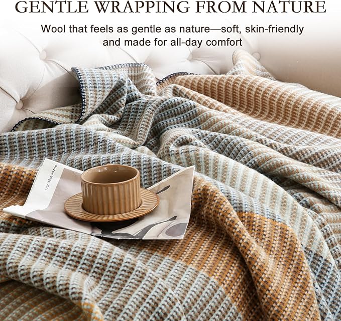 YOUR MOON 100% Pure Merino Wool Twin Size, Australian Organic Natural Wool Blanket, Hypoallergenic Wool Blanket for Bed, Medium Weight(Brownish Blue, 90 * 66)