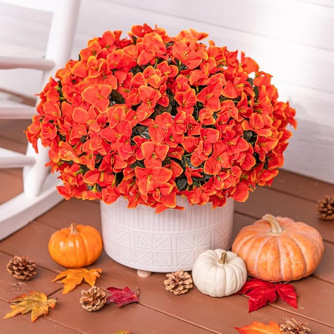 Ivydale Artificial Fall Flowers for Outdoors, 4 Bundles Fake Bougainvillea Flower Realistic Silk Flowers for Outside, Faux Fall Flowers for Outdoor Planters Patio Porch Home Decorations, Orange