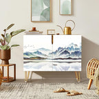 SIGNWIN Sideboard Buffet Cabinet, Kitchen Storage Cabinet with 2 Doors, Pastel Blue Mountain Range, Cupboard Console Table for Dining Room - 35" L x 18" W x 29" H