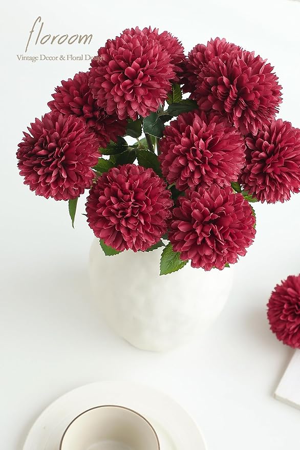 Floroom 12pcs Burgundy Faux Silk Mums Artificial Flowers Bulk Fake Chrysanthemums with Stems for DIY Wedding Table Centerpieces Floral Arrangements Vase Fillers Home Decorations