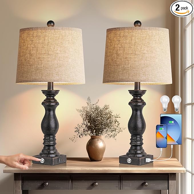 24.5" Table Lamp Set of 2, Rustic Farmhouse Bedside Lamps with USB A+C Charging Ports, 3-Way Dimmable Touch Control Nightstand Lamps for Living Room Bedroom, Antique Black, LED Bulbs Included