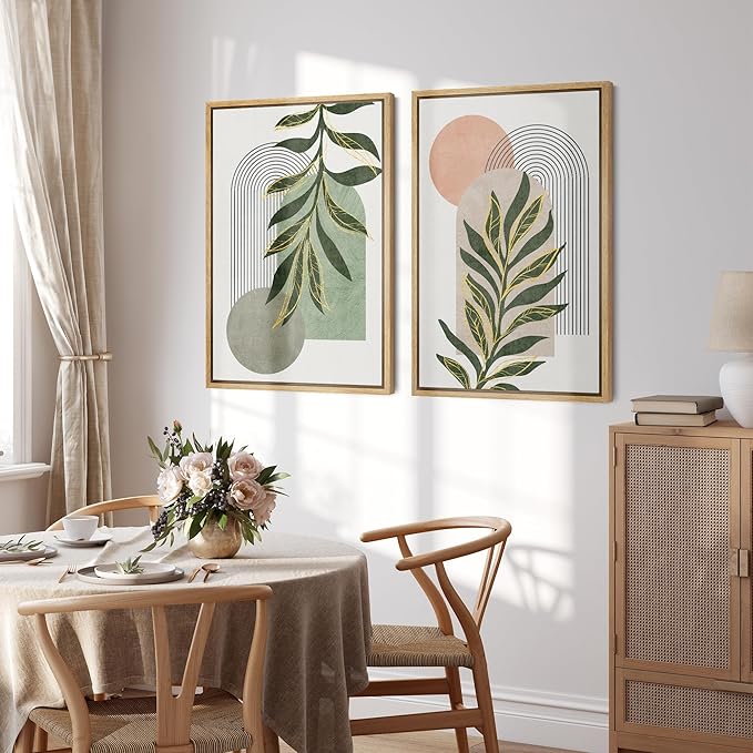 SIGNFORD Framed Canvas Print Wall Art Set Jungle Palm Leaf Geometric Polygons Abstract Shapes Illustration Modern Art Decorative Nordic Nature for Living Room, Bedroom, Office - 24"x36"x2 Natural