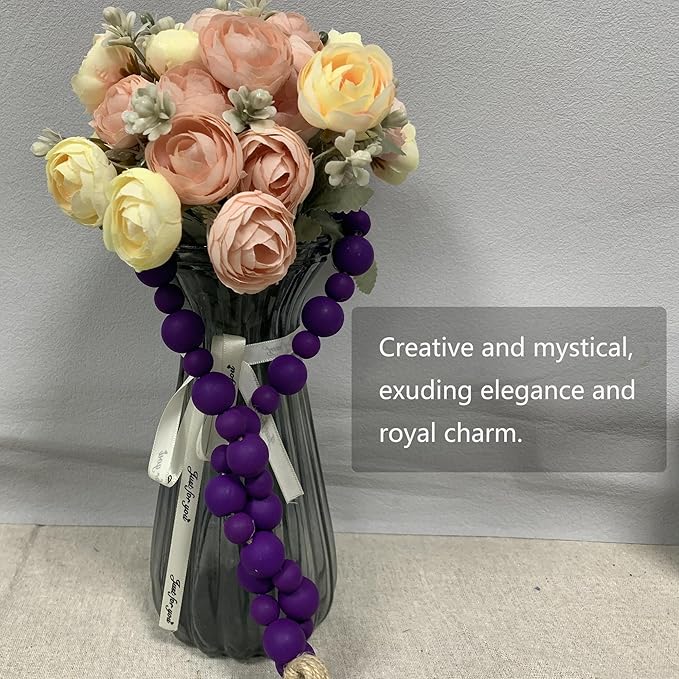 Handcrafted Farmhouse Wooden Decorative Beads Garland, Table Tray Boho Wood Beads with Tassel, Small Rustic Antique Decor for Home and Events (Royal Purple)