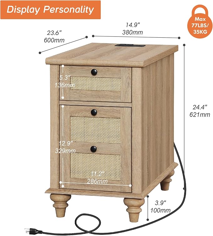WAMPAT Farmhouse End Table with Charging Station, Rattan Side Table with Drawer & Storage Cabinet, Wooden Oak Nightstand with Power Outlets & USB Ports for Living Room, Bedroom, Burlywood