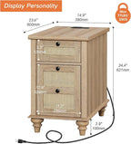WAMPAT Farmhouse End Table with Charging Station, Rattan Side Table with Drawer & Storage Cabinet, Wooden Oak Nightstand with Power Outlets & USB Ports for Living Room, Bedroom, Burlywood