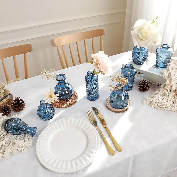 Blue Bud Vases in Bulk 24, Vintage Small Vases for Flowers, Mini Glass Vase for Centerpieces, Wedding Table Decoration, Party Event, Decorative Vase Set for Home Decor, Baby Shower, Office