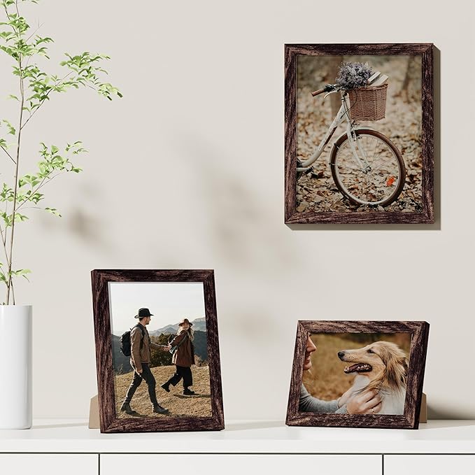 Vittanly 4x6 Picture Frames Set of 9, Shatter Resistant Plexiglass, Display 3.5x5 Pictures with Mat or 4x6 without Mat, Photo Frames for Wall or Tabletop, Engineered Wood, Brown