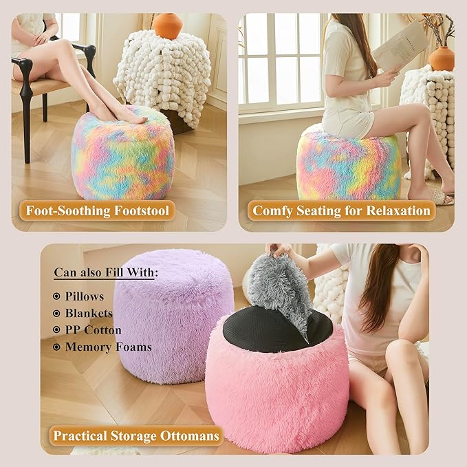 XeGe Fluffy Faux Fur Inflatable Pouf Ottoman, Soft Fuzzy Foot Stool, Plush Furry Foot Rest Floor Pouf Anti-Slip for Kids Girls Adult, Cute Foldable Ottoman Cushion Living Room Bedroom, Rainbow
