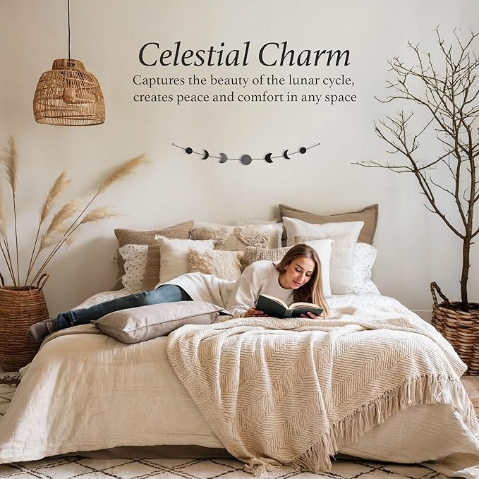 BASE ROOTS Moon Phase, Black Wall Decor for Bedroom & Living Room, Bohemian Wall Decor, Handmade Hammered Metal 34" 7 Phases Moon, Celestial Wall Art, Gift for Women & Kids